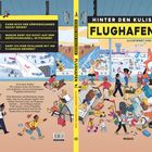 "Hinter den Kulissen: Flughafen" in gelbem und schwarzem Text. Viele Cartoon-Menschen in einer Flughafenhalle.
