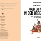 Links: Ein Zitat über Gigantinnen und Danksagung an Familie. Rechts: Titel "Frauen und Mädchen in der Urgeschichte" mit Illustration.