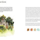 Text: "Introduction" beschreibt Aquarellmaltechniken. Ein Aquarell zeigt ein Haus mit Bäumen, daneben Farbproben.