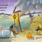 „Wir gehen heute auf Geisterjagd. Komm mit uns und hab Spaß! Kannst du sie alle finden?“ und „Oh Schreck – da ist ja was!“. Illustration von Tieren auf einem Bauernhof, verkleidet für Halloween.