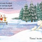 Text: "Wir reisen hoch zum Nordpol. Komm mit uns und hab Spaß! Ein Bärenkind hat sich versteckt! Genau! Da blitzt etwas!" Illustration von Tieren im Schnee mit einem Eisbären und ein Flugzeug.