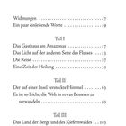 Inhalt mit drei Teilen: Teil I „Das Gasthaus am Amazonas“, Teil II „Der auf einer Insel versteckte Himmel“, Teil III „Kristallklare blaue Gewässer“.