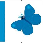 Welches Tier ist blau wie diese Brombeeren? Der Schmetterling! Illustration eines blauen Schmetterlings auf hellblauem Hintergrund.