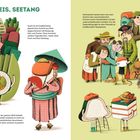 "Fisch, Reis, Seetang"; "Sushi ist ein traditionelles..."; Illustration von Sushi-Charakteren und Menschen mit Sushi.