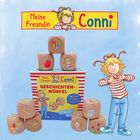 "Meine Freundin Conni" und "GESCHICHTEN-WÜRFEL". Verschiedene Würfel mit Bildern, Illustration eines Mädchens in rot-weiß.