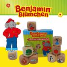 "Benjamin Blümchen Geschichtenwürfel" steht auf einer Box. Farbige Illustrationen zeigen einen Elefanten und Würfelmotive.