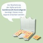 Sprechblase mit Info über ein bambinoLÜK-Kontrollgerät, daneben ein geöffnetes Spielzeug mit Bildplättchen.