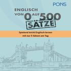 „Englisch von 0 auf 500 Sätze“, „Spielend leicht Englisch lernen mit nur 5 Sätzen am Tag“, Skyline-Illustration.