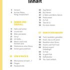 Inhalt: Themen von Begrüßungen, Reisen, Fortbewegung bis Essen und Trinken, jeweils mit Seitenzahlen.