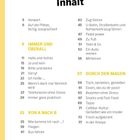 Inhalt: Kapitel und Seitenzahl zu Vorwort, Reise, Begrüßungen, Reisen und Essen, hervorgehobene Titel in Gelb.