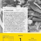 "A GOOD START" gefolgt von einem Text über Essgewohnheiten in Großbritannien. Januar 1, Freitag. Kalender und Gemüsefoto.