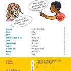 "Frohes neues Jahr!" Zwei Personen im Gespräch. Wörterliste: happy, new year, resolution. Aufgabe: Buchstaben ordnen.