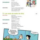 Kapitelübersicht: "4 Lucía y su familia" und "5 Las cosas de todos los días". Illustration: Zwei Personen im Gespräch vor einem Laden.