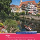 Text: "Stocherkahnfahren auf dem Neckar, Tübingen", "Hägger", Erklärung des Wortes "Hägger".  
Buntes Stadthäuserensemble am Flussufer, Boot auf dem Wasser, Blumen im Vordergrund.