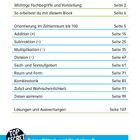 Inhaltsverzeichnis mit Themen wie Addition, Subtraktion, Kombinatorik; Extra: Rätsel- und Knobelspaß, Seitenangaben.