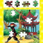 Oben vier Puzzle-Stücke: ein Haus, grüne Hand, Drache, Vogel. Unten ein Ninja mit Schwert vor Pavillon und Baum.