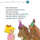 Titel: "Tierische Helfer". Text: Idee: "Mia hat viel Zeit mit Max und Moritz verbracht. Vielleicht können die Ponys helfen?"  
Illustration: Mädchen mit zwei Ponys, die Hüte tragen.