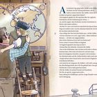 Text: "THE WORLD" über einer Weltkarte. Links stehen ein Mann und ein Junge auf einer Leiter, die auf die Karte zeigen. Rechts ein Dampfer.