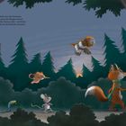 Text: "Hier sieht man die Formation (oben graut der Morgen schon) zwischen Tannen, Birk- und Eichen leise durch das Dickicht streichen."
Eine Illustration zeigt Tiere im Wald: eine Eule, einen Fuchs, Vögel, eine Maus und eine Schlange in harmonischem Zusammenspiel.