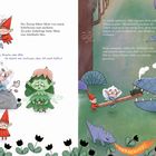 Zwei Seiten einer Illustration: Links Fabelwesen und ein Zwerg, rechts ein Drache mit Zahnbürste und kleine Figuren.