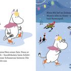 Links steht: "Dann machte Mumins Herz einen Satz...wunderschön aus." Rechts: "Klein-Mü lief im Zickzack...Riesenspaß." Zwei Figuren eislaufen.