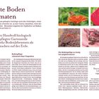 "Der gute Boden für Tomaten. In einer Handvoll biologisch gepflegter Gartenerde leben mehr Bodenlebewesen als Menschen auf der Erde."  
Texte beschreiben die Vorbereitung und Pflege von Erde samt Abbildungen von Pflanzen und Regenwürmern.