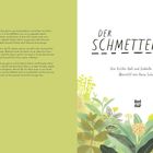 Links stehen Biografien von Kirsten Hall, Isabelle Arsenault und Anna Schaub. Rechts der Titel "Der Schmetterling" mit Pflanzenillustrationen.