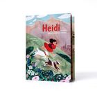 „Heidi und die verschwundenen Geißen“ in roter und weißer Schrift. Illustration: Mädchen in Bergen, Blumen, Ziegen.
