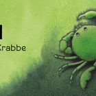 1, Eine Krabbe. Grüne Krabbe auf grünem Hintergrund, nach oben blickend. Illustration.