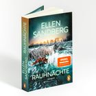 Buchtitel: "Rauhnächte" von Ellen Sandberg. Winterliche Szenerie mit schneebedecktem Feld, Fuchs, und Sonnenuntergang. SPIEGEL Bestseller.