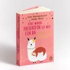 Buchtitel: "Eine wahre Freundin ist wie ein BH". Illustration: Lama mit Faultier. Helles, rosa Cover mit goldenen Punkten.