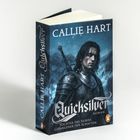 "Callie Hart, Quicksilver, Tochter des Silbers, Gefangener der Schatten." Illustration: Ritter mit Schwert in düsterer Landschaft.