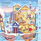 Textlinks: Such die Sachen! Tasse, Trommel, Briefkasten, Krebs, Vogel, Geschenk, Kerze, Zuckerstange.   
Links oben: Es saust und braust...  
Gezeichnete Weihnachtswerkstatt voller Wichtel, Santa, Rentiere.