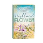Der Text lautet: "SAMANTHA YOUNG, Highland FLOWER, ROMAN". Bunte Blumen auf hellem Hintergrund.