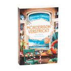 "Mörderisch Verstrickt. Ein Fall für die Strickcrew. Susanne Oswald." Ein gemütliches Strickzimmer mit Blick aufs Meer.