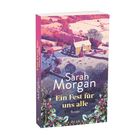 Titel: "Ein Fest für uns alle." Autor: Sarah Morgan. Illustration: Verschneite Landschaft mit einem Landhaus.