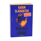 Text: "KARIN SLAUGHTER", "BESTSELLER JETZT ALS TASCHENBUCH", "DUNKLE SÜHNE", "THRILLER". Illustration: Brennendes Haus.