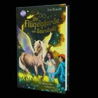 "Die Flügelpferde von Sternhall" steht oben, darunter ein geflügeltes Pferd mit zwei Kindern in einem Wald voller Sterne.