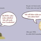 Ein Schafkind namens Willi widerspricht beim Schlafengehen, illustriert mit überraschter Mimik.