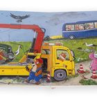 Illustration mit Tierfiguren: Ein gelber Abschleppwagen transportiert einen Traktor, Tiere beobachten neugierig.