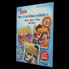 "Verrückte Schulgeschichten", eine Illustration mit Kindern, die Streiche spielen, und einem "Lesen lernen mit Silben" Hinweis.