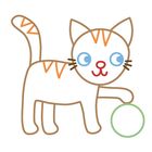 Illustration einer simplen Katze mit orangefarbenen Streifen, die mit einer grünen Kugel spielt.
