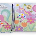 Text: "Flower-Power. Im Garten wachsen wunderschöne Blumen. Stemple mit deinen Fingern hübsche Blütenblätter."  
Bunte Einhörner und Blumen, Bienen fliegen.