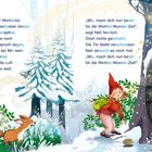 Text beschreibt eine winterliche Szene. Nell steht vor einer verschlossenen Tür, umgeben von Schnee, einem Vogel und einem Fuchs.