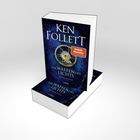 Text: "Ken Follett, Die Waffen des Lichts, Historischer Roman, Spiegel Bestseller". Dunkelblaues Buchcover mit Zahnrad.