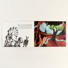 „Halt“, ruft die Echse. Illustration von Tieren, rechts ein farbenreiches Gemälde mit Vulkan und Bäumen.