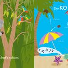 Links: "Der KOALABÄR hat's schwer." Ein Koala sitzt missmutig auf einem Baum. Rechts: "Der KO LABÄR feiert am Meer." Ein fröhlicher Koala tanzt am Strand, umgeben von Strandaccessoires. Farbenfrohe Illustrationen.