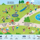 Im Park. Wer lenkt den roten Drachen? Was vergräbt der weiße Hund? Wie viele Entenküken schwimmen im Brunnen?
