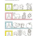 "Buchstaben. Wo hörst du ein A am Anfang? Kreise die passenden Bilder ein." Große A-Buchstaben mit Bildern von Tieren, Obst und Objekten.