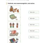 Plus und Minus bis 20 (1). Verbinde, was zusammengehört, und rechne. Illustrationen von Gegenständen und Rechenaufgaben.